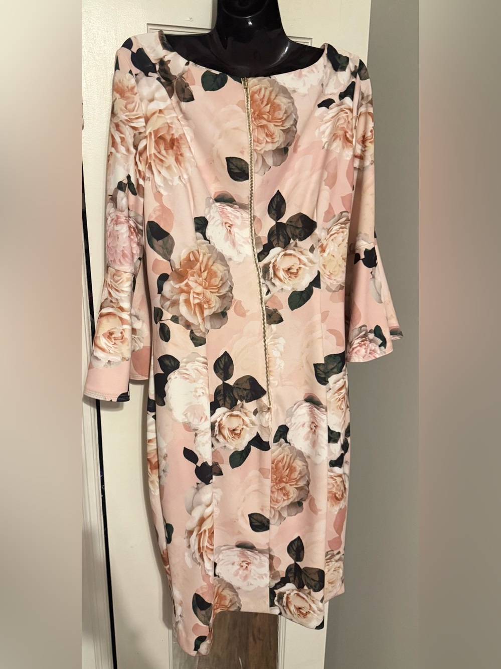 Calvin Klein Floral Scuba Knit Bell Sleeve Sheath Cocktail Dress Pink Rose 14 - Picture 3 of 7